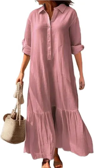 Women Summer Long Sleeve Notch Neck Maxi Linen Shirt Cotton Dress Casual Button Down Loose Tunic Shift Dresses