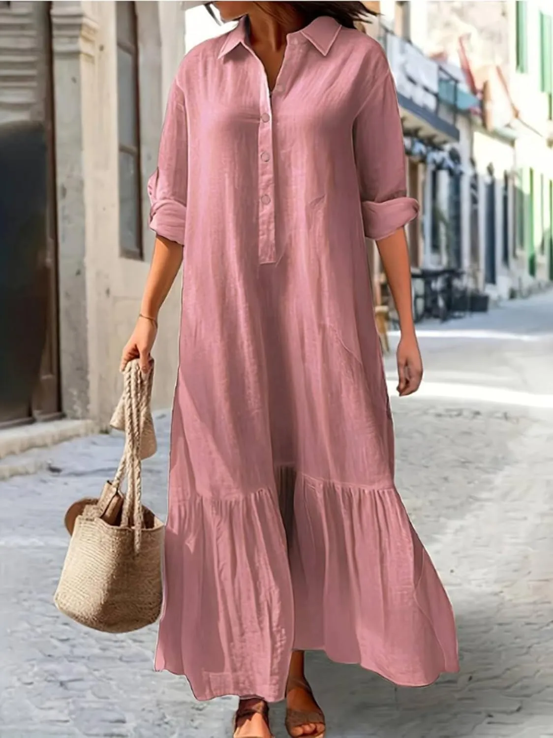 Women Summer Long Sleeve Notch Neck Maxi Linen Shirt Cotton Dress Casual Button Down Loose Tunic Shift Dresses