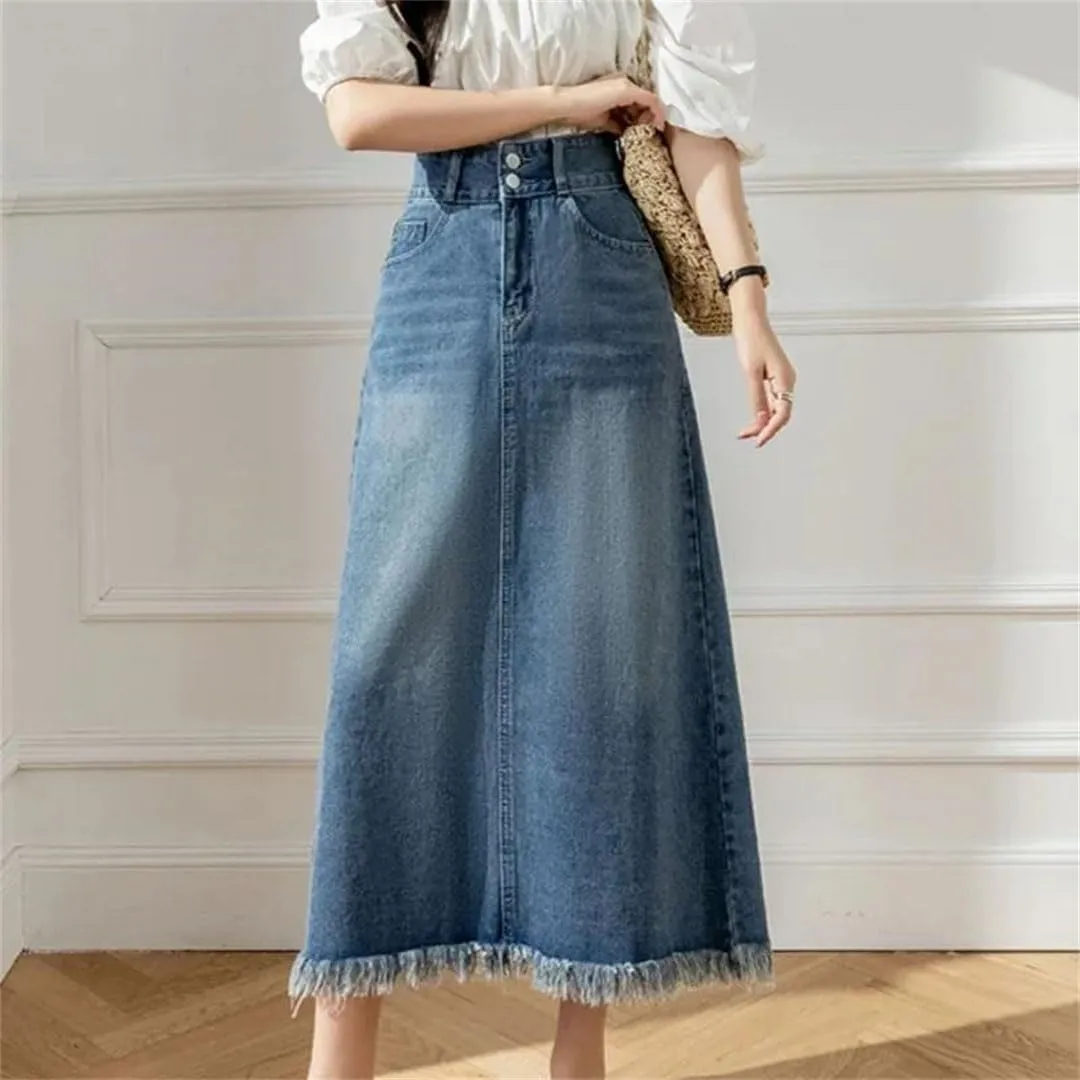 Women Summer Retro Denim Elegant High Waist Pockets Medium Length A-Line Skirt