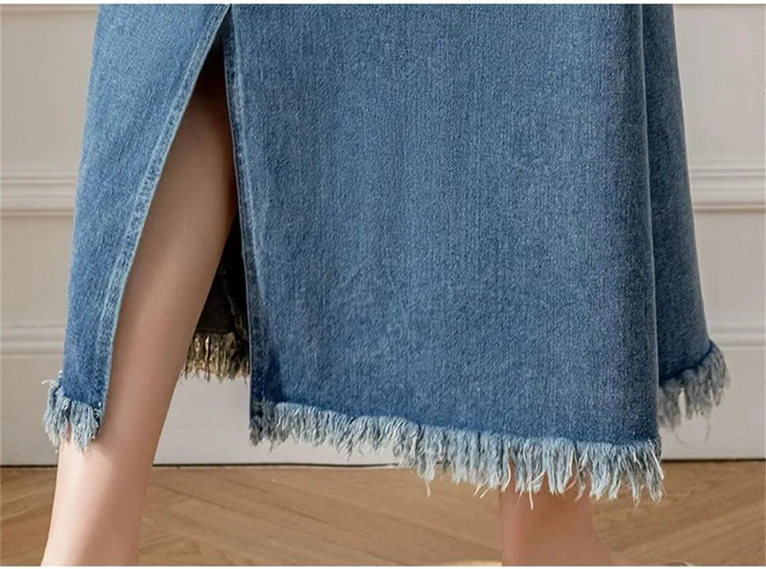 Women Summer Retro Denim Elegant High Waist Pockets Medium Length A-Line Skirt