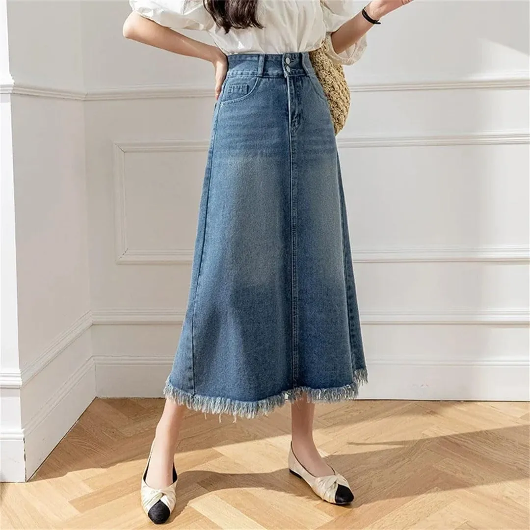 Women Summer Retro Denim Elegant High Waist Pockets Medium Length A-Line Skirt