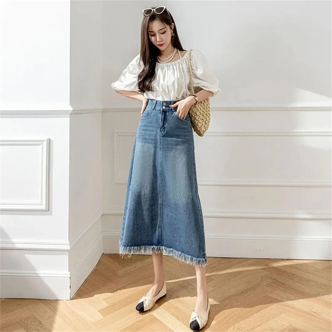 Women Summer Retro Denim Elegant High Waist Pockets Medium Length A-Line Skirt