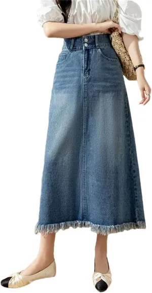 Women Summer Retro Denim Elegant High Waist Pockets Medium Length A-Line Skirt