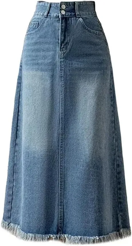 Women Summer Retro Denim Elegant High Waist Pockets Medium Length A-Line Skirt