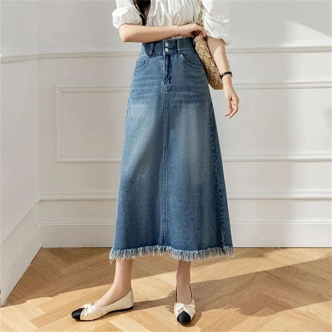 Women Summer Retro Denim Elegant High Waist Pockets Medium Length A-Line Skirt