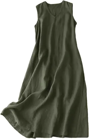Women Summer Sleeveless Dress V Neck Solid Casual Loose Party Femme Vintage Robe