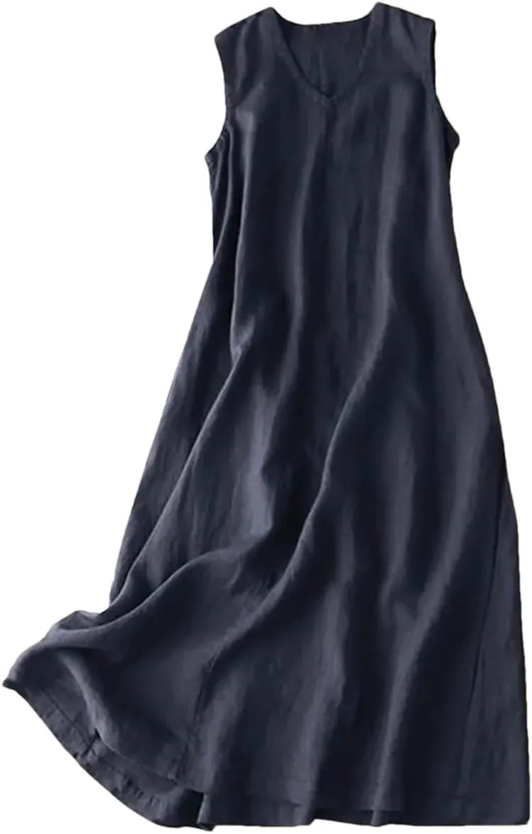 Women Summer Sleeveless Dress V Neck Solid Casual Loose Party Femme Vintage Robe