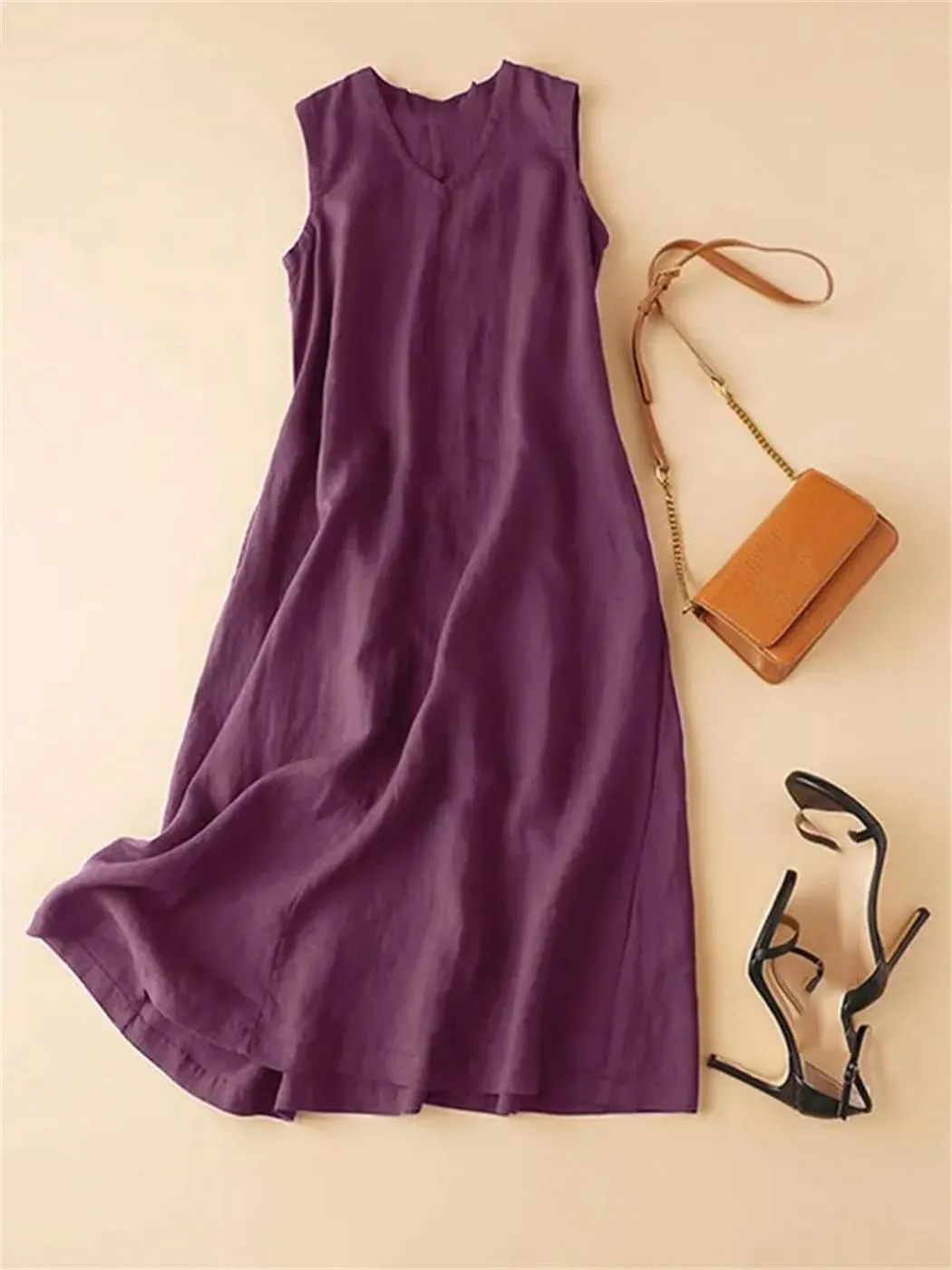 Women Summer Sleeveless Dress V Neck Solid Casual Loose Party Femme Vintage Robe