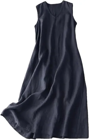 Women Summer Sleeveless Dress V Neck Solid Casual Loose Party Femme Vintage Robe