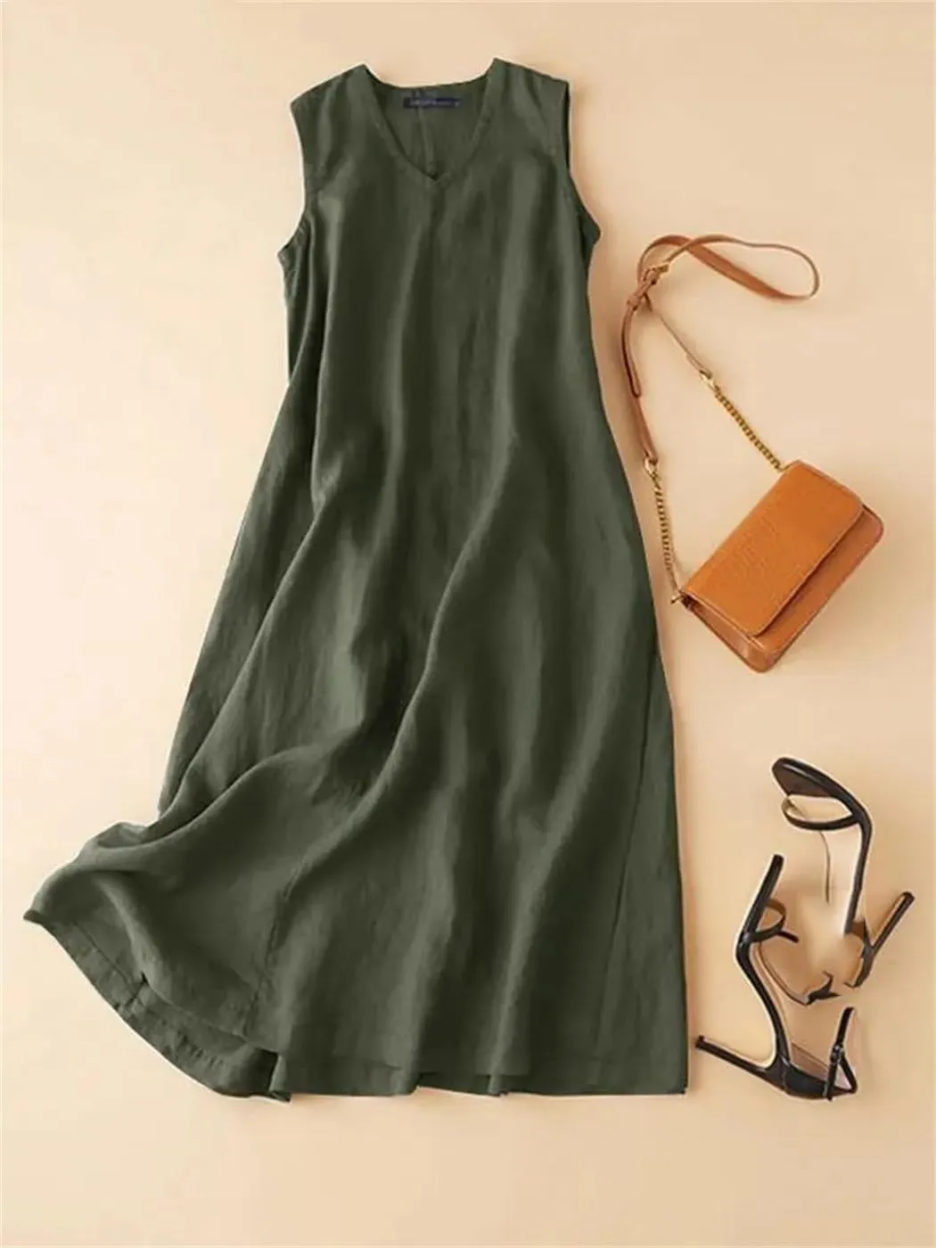 Women Summer Sleeveless Dress V Neck Solid Casual Loose Party Femme Vintage Robe
