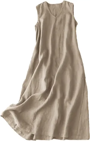 Women Summer Sleeveless Dress V Neck Solid Casual Loose Party Femme Vintage Robe