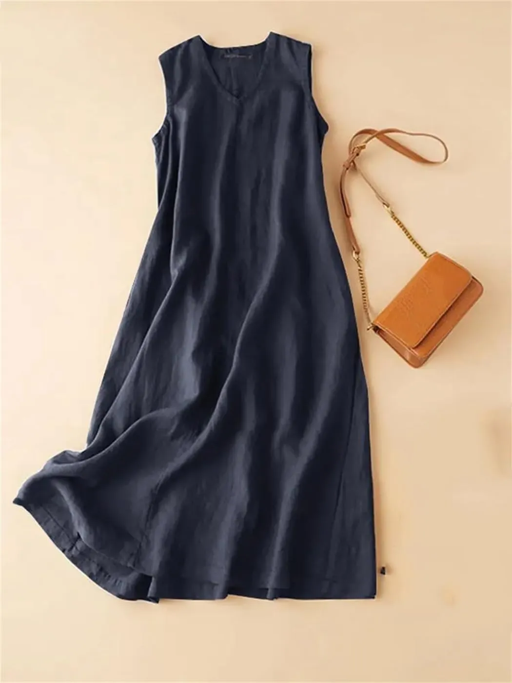 Women Summer Sleeveless Dress V Neck Solid Casual Loose Party Femme Vintage Robe