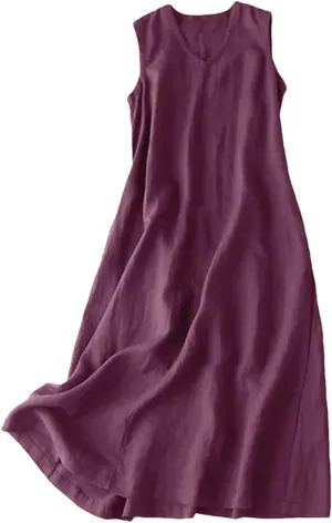 Women Summer Sleeveless Dress V Neck Solid Casual Loose Party Femme Vintage Robe