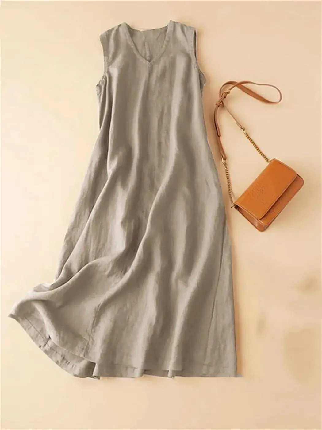Women Summer Sleeveless Dress V Neck Solid Casual Loose Party Femme Vintage Robe