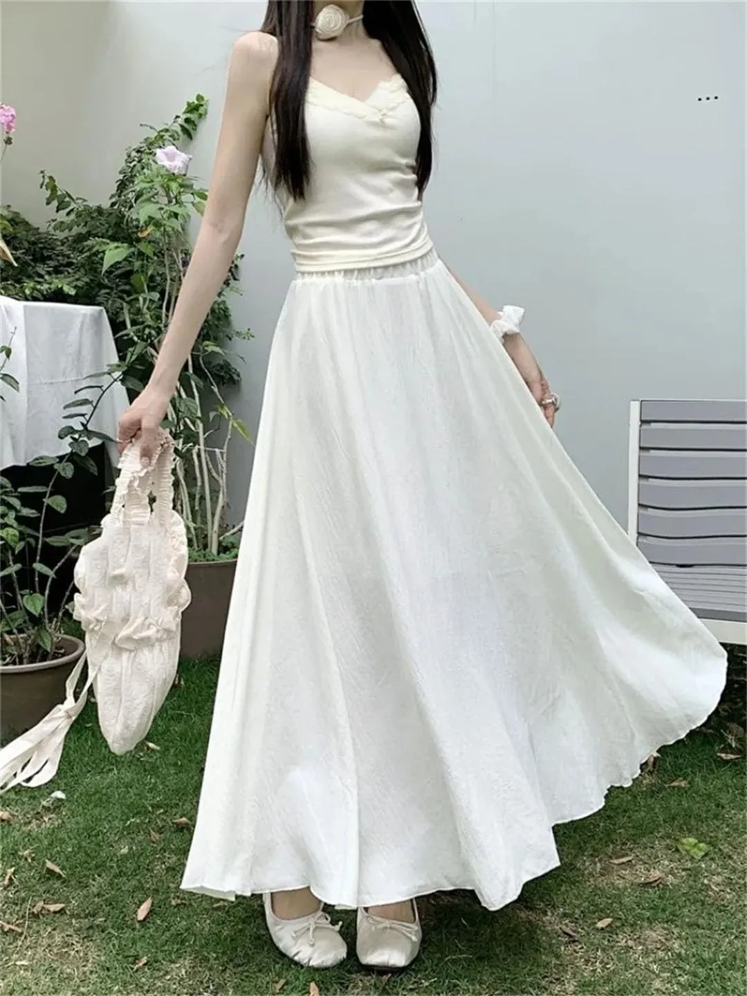 Women Summer Solid Chiffon Waisted A-Line Skirt