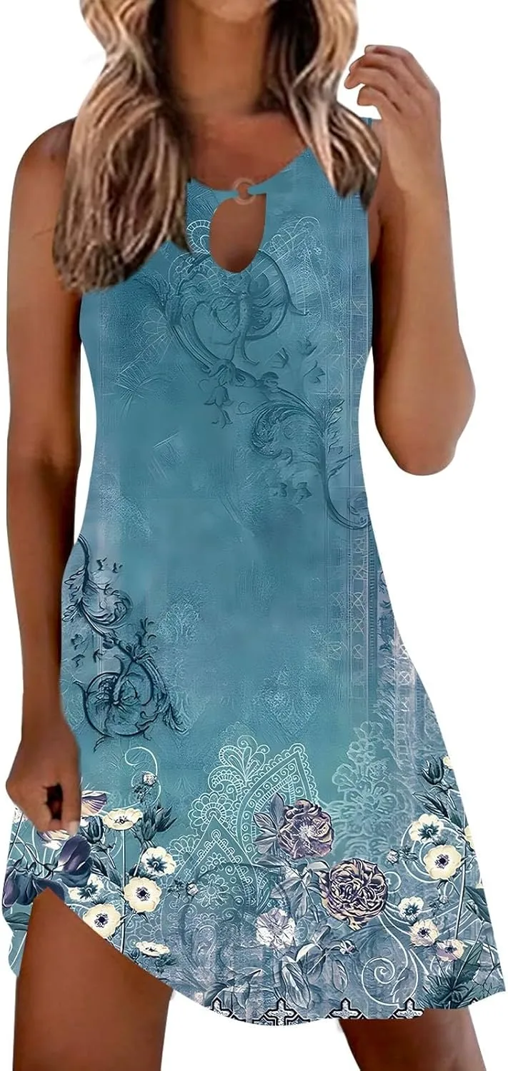 Women Sundresd Sun Dresses for Women 2025 Vacation Beach Casual Summer Sundresses Sleeveless Tank Short Boho Dress