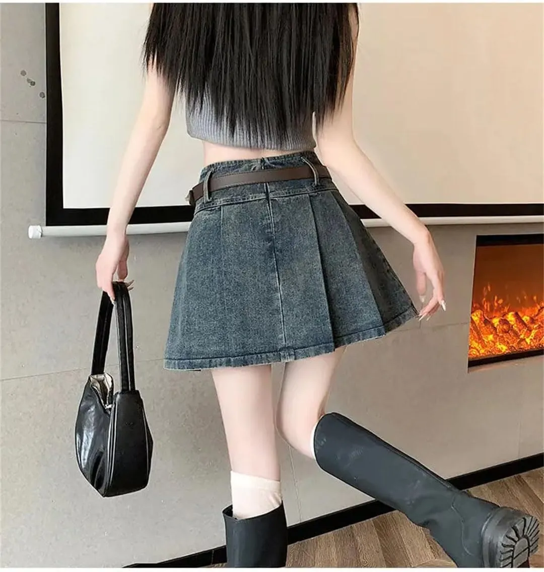 Women Vintage Denim Pleated Korean High Waist A-Line Skirt Short Clothing Skirts