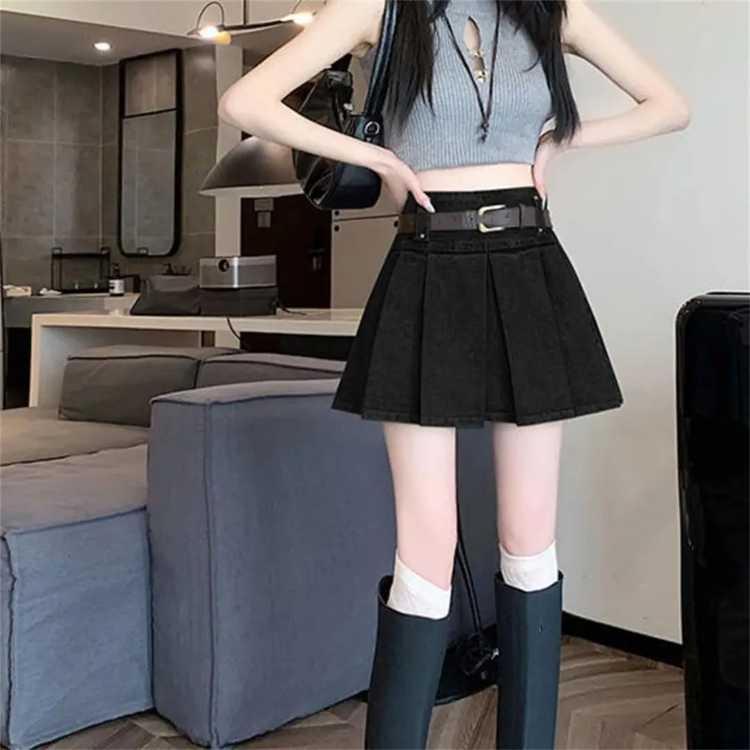 Women Vintage Denim Pleated Korean High Waist A-Line Skirt Short Clothing Skirts