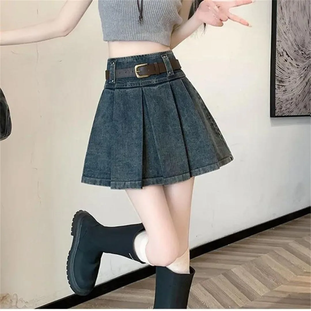 Women Vintage Denim Pleated Korean High Waist A-Line Skirt Short Clothing Skirts