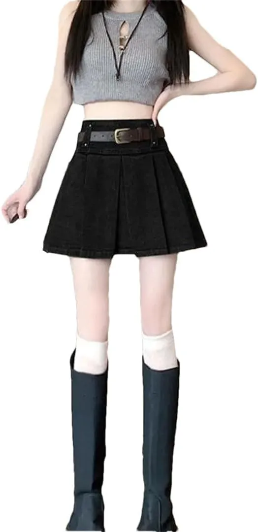 Women Vintage Denim Pleated Korean High Waist A-Line Skirt Short Clothing Skirts