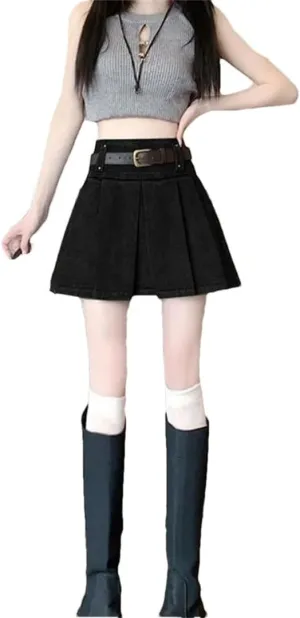 Women Vintage Denim Pleated Korean High Waist A-Line Skirt Short Clothing Skirts