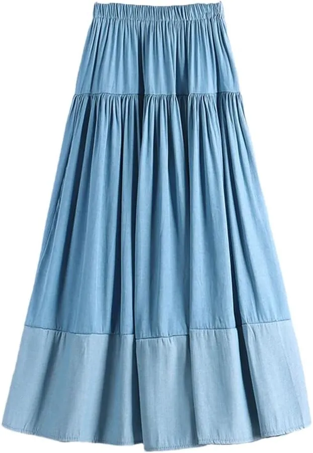 Women Vintage Long Patchwork Denim Skirt Women High Waist Retro A-Line Skirt