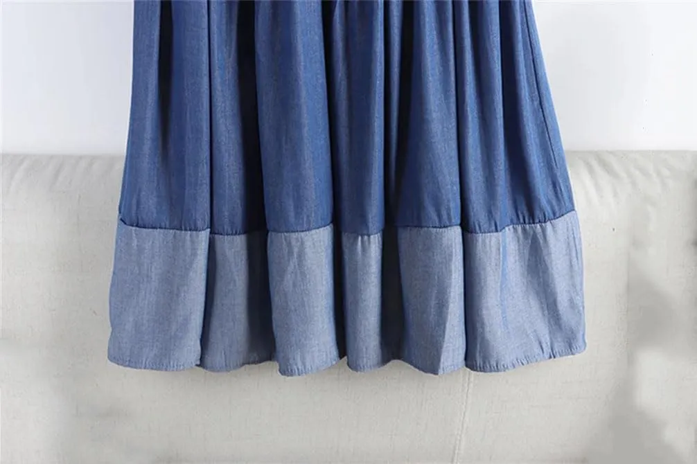 Women Vintage Long Patchwork Denim Skirt Women High Waist Retro A-Line Skirt
