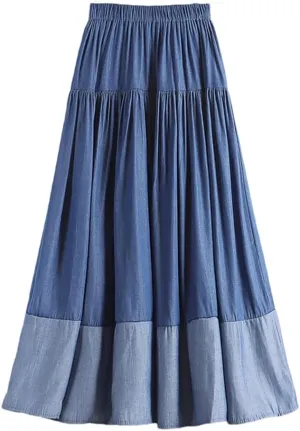 Women Vintage Long Patchwork Denim Skirt Women High Waist Retro A-Line Skirt