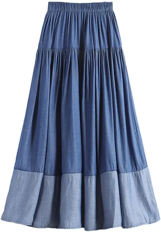 Women Vintage Long Patchwork Denim Skirt Women High Waist Retro A-Line Skirt