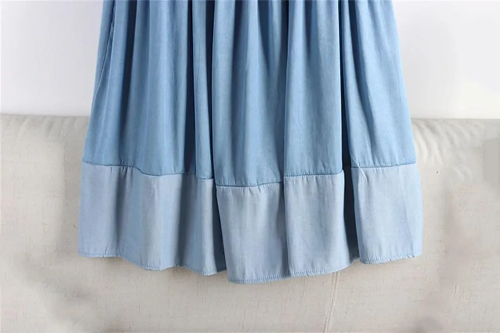 Women Vintage Long Patchwork Denim Skirt Women High Waist Retro A-Line Skirt