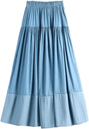 Women Vintage Long Patchwork Denim Skirt Women High Waist Retro A-Line Skirt