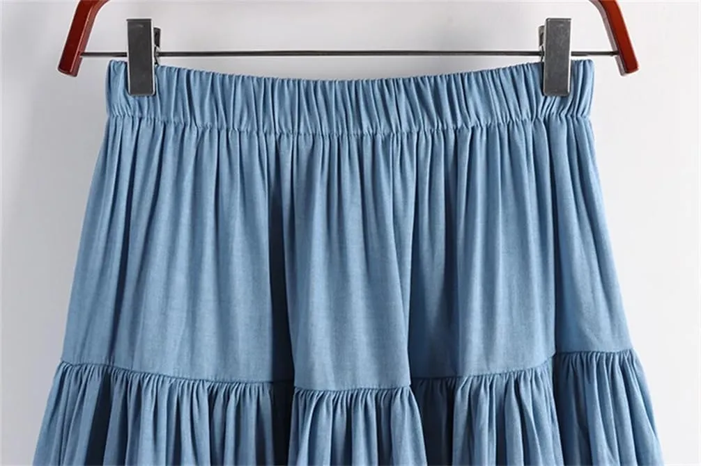 Women Vintage Long Patchwork Denim Skirt Women High Waist Retro A-Line Skirt