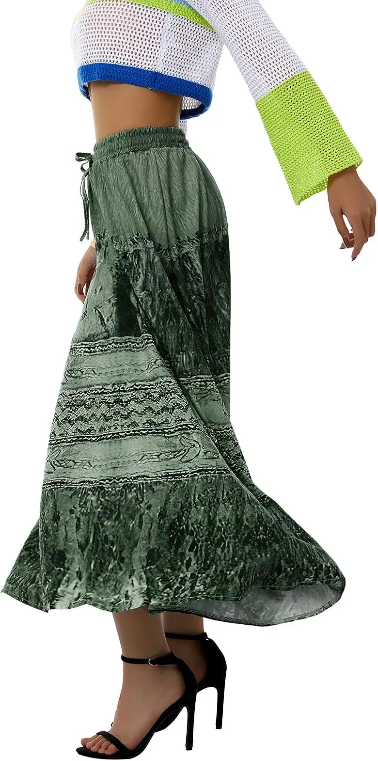 Women Y2K Fairy Grunge Midi Skirt Vintage Boho Elastic Waist A Line Layer Ruffle Swing Maxi Skirt E-Girls Streetwear