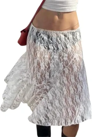Women Y2K Fairy Grunge Midi Skirt Vintage Boho Elastic Waist A Line Layer Ruffle Swing Maxi Skirt E-Girls Streetwear