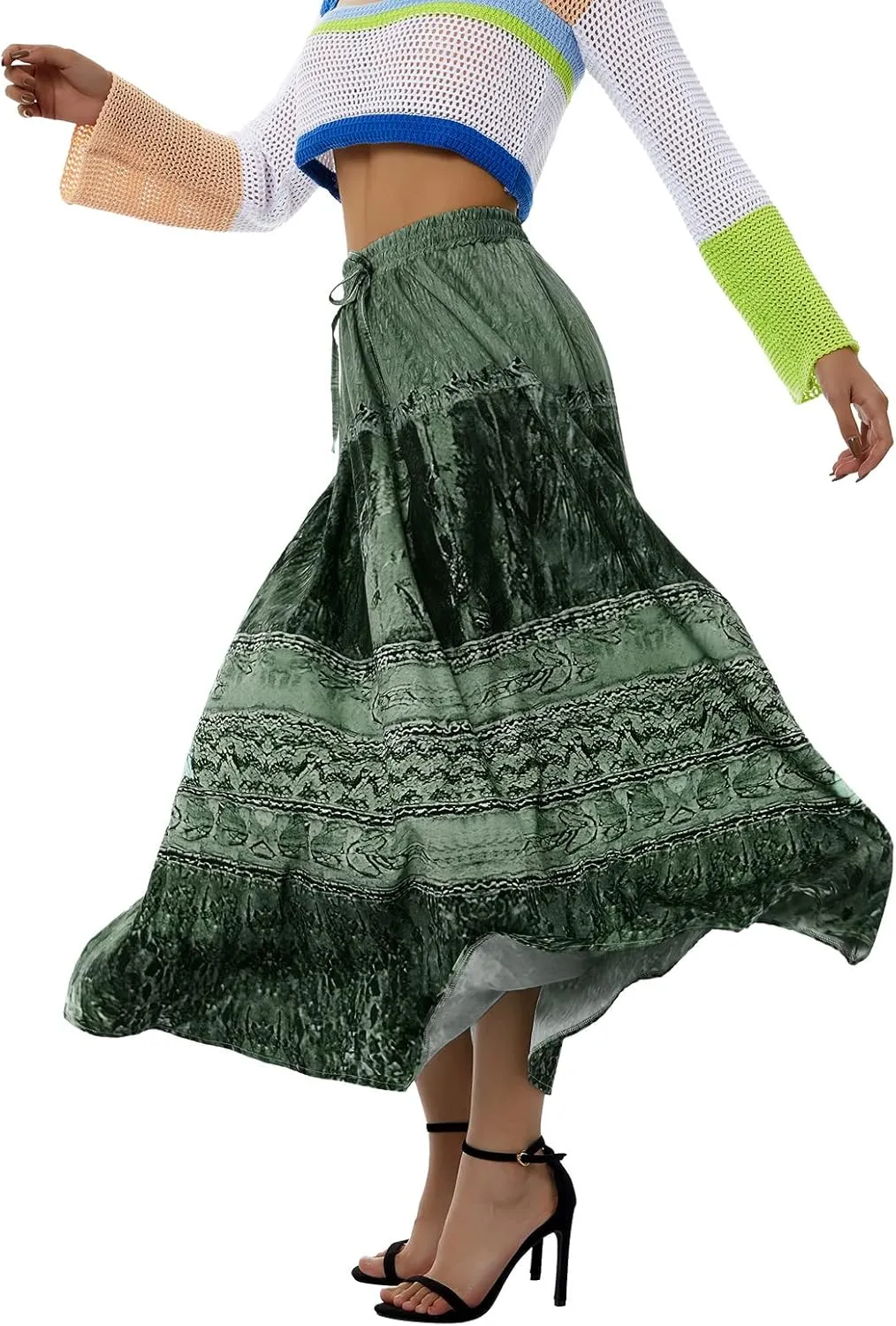 Women Y2K Fairy Grunge Midi Skirt Vintage Boho Elastic Waist A Line Layer Ruffle Swing Maxi Skirt E-Girls Streetwear
