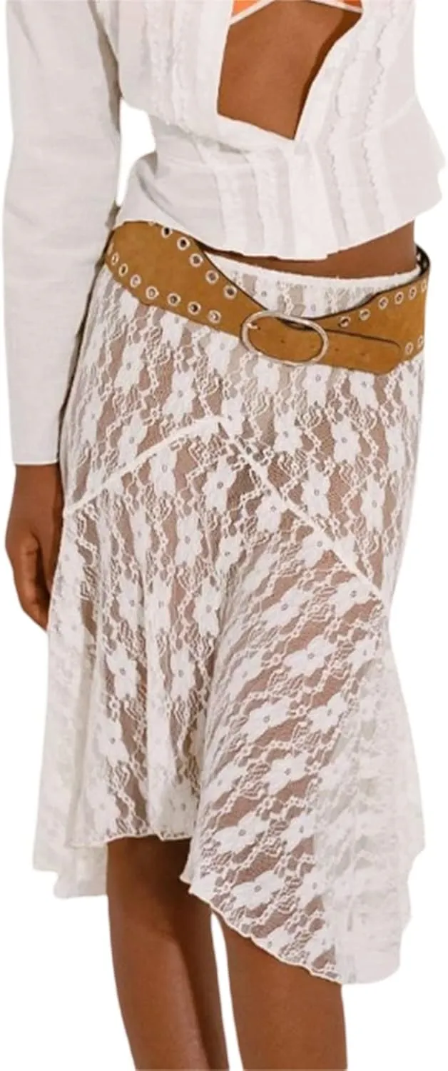 Women Y2K Fairy Grunge Midi Skirt Vintage Boho Elastic Waist A Line Layer Ruffle Swing Maxi Skirt E-Girls Streetwear