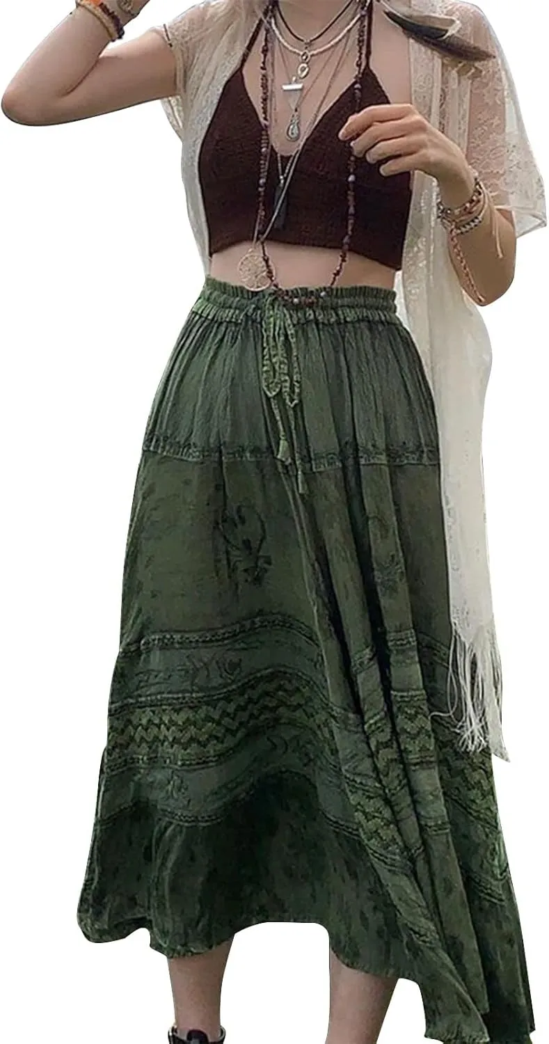 Women Y2K Fairy Grunge Midi Skirt Vintage Boho Elastic Waist A Line Layer Ruffle Swing Maxi Skirt E-Girls Streetwear