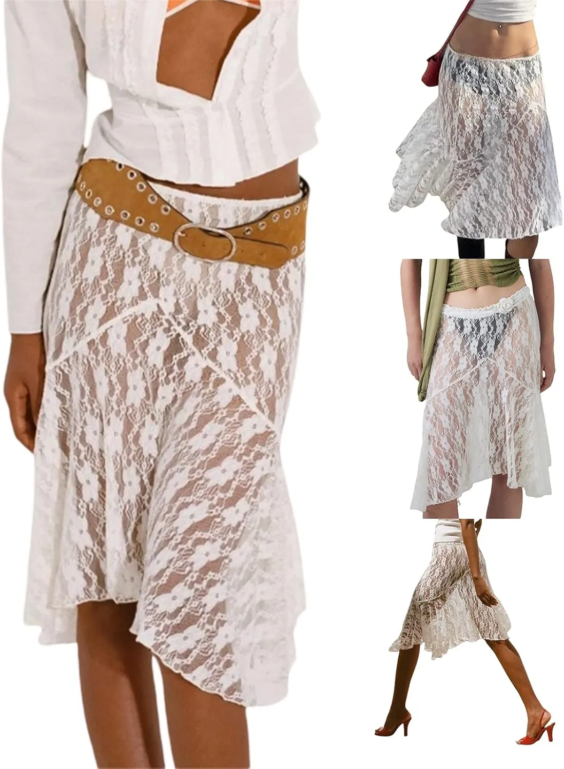 Women Y2K Fairy Grunge Midi Skirt Vintage Boho Elastic Waist A Line Layer Ruffle Swing Maxi Skirt E-Girls Streetwear