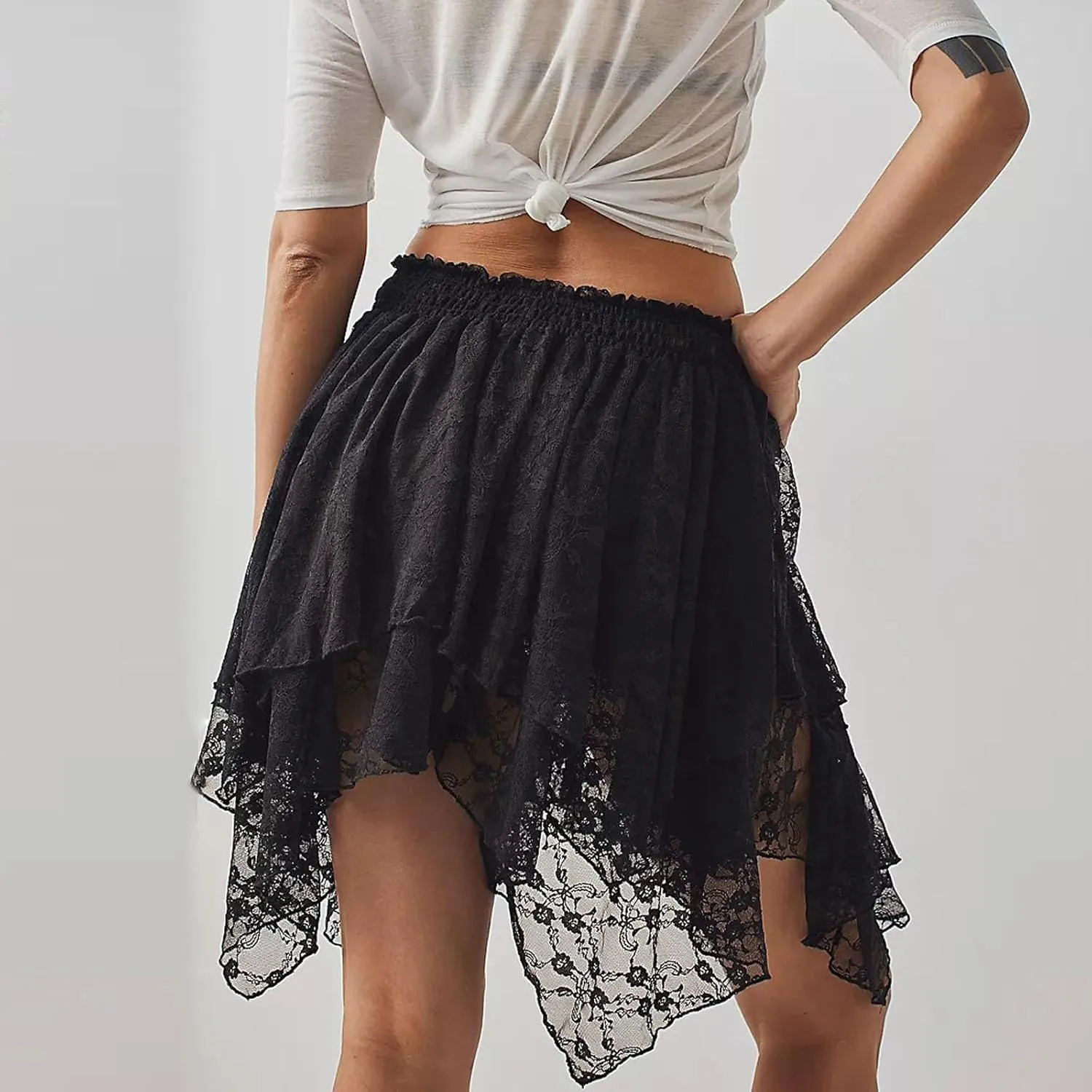 Women Y2k Lace Mini Skirt Fairy Mesh Floral Mid Low Rise Ruffle Half Slip Skirt Layered Flowy Short Skirt Streetwear