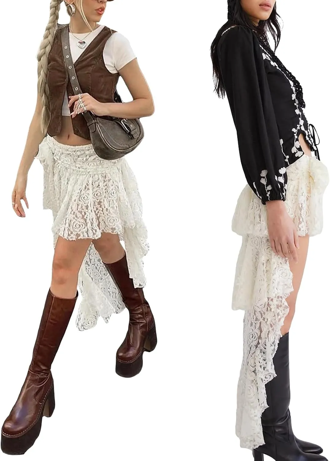 Women Y2k Lace Mini Skirt Fairy Mesh Floral Mid Low Rise Ruffle Half Slip Skirt Layered Flowy Short Skirt Streetwear