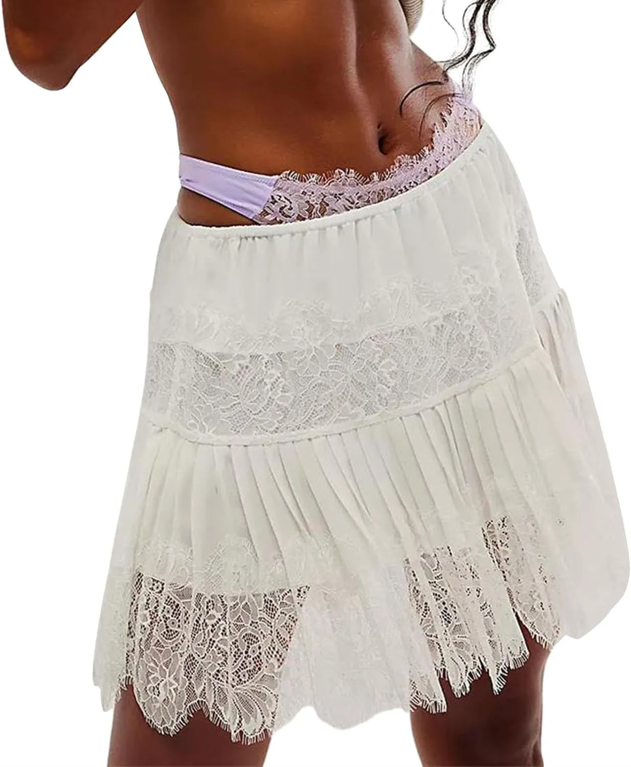 Women Y2k Lace Mini Skirt Fairy Mesh Floral Mid Low Rise Ruffle Half Slip Skirt Layered Flowy Short Skirt Streetwear