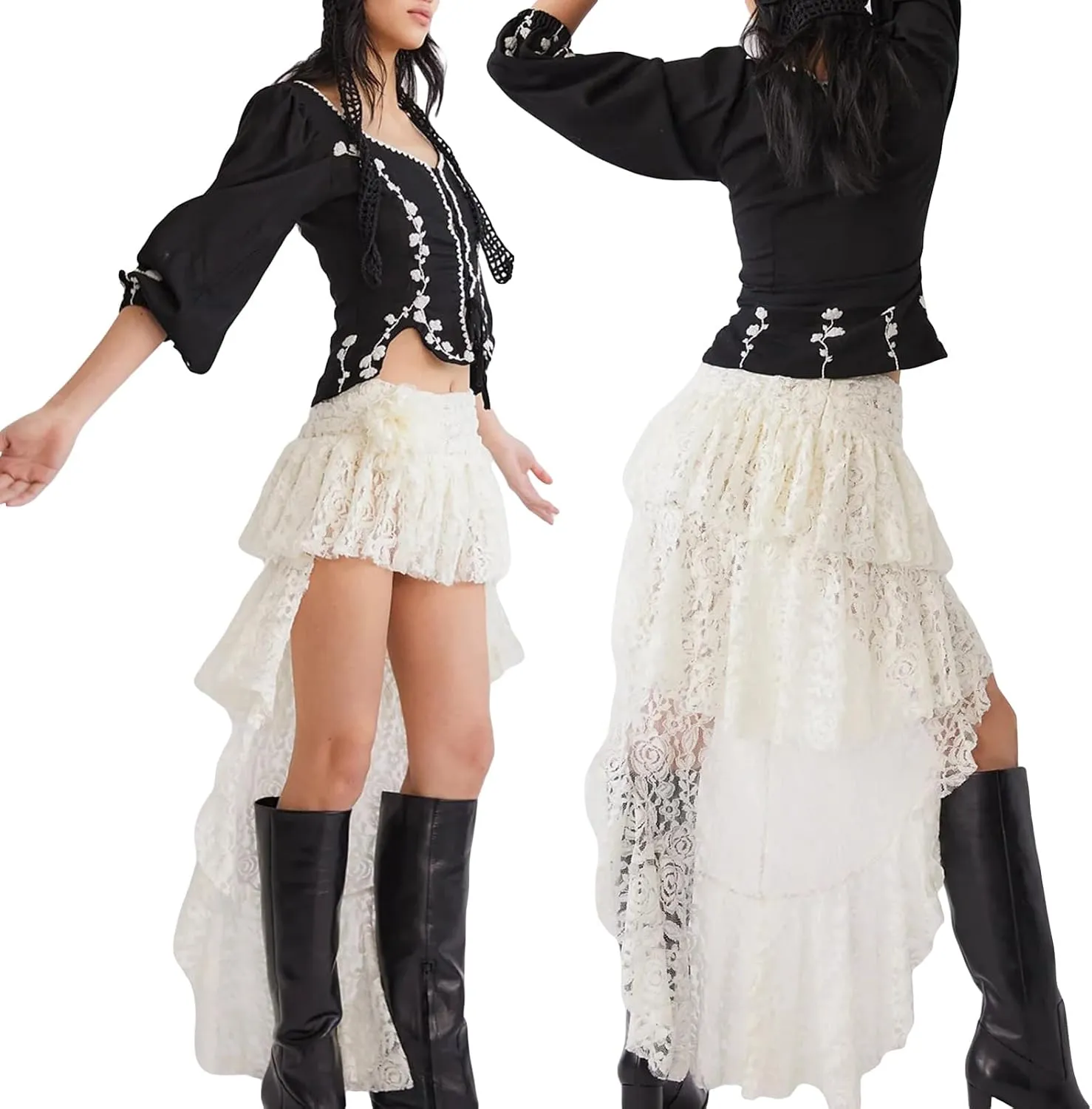 Women Y2k Lace Mini Skirt Fairy Mesh Floral Mid Low Rise Ruffle Half Slip Skirt Layered Flowy Short Skirt Streetwear