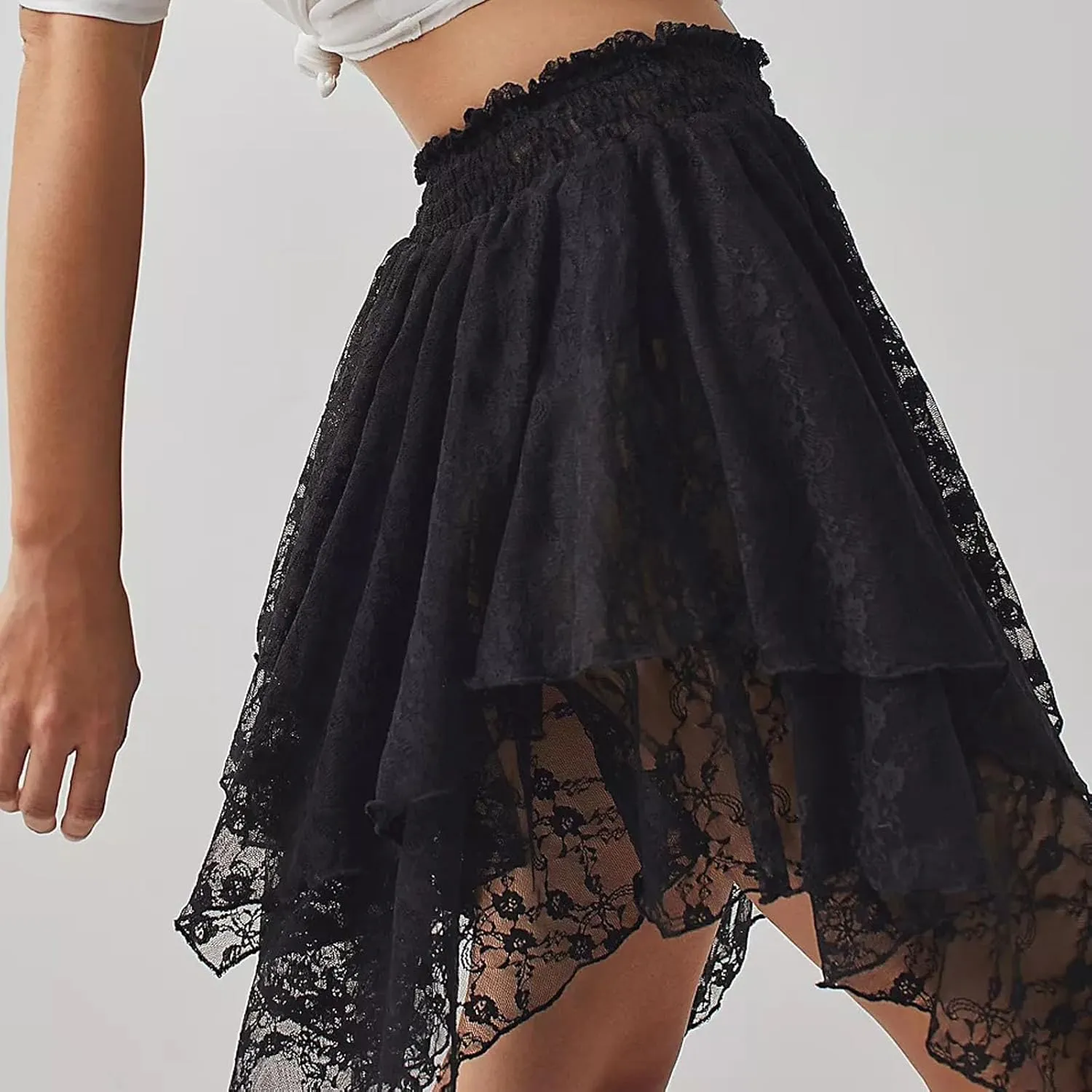Women Y2k Lace Mini Skirt Fairy Mesh Floral Mid Low Rise Ruffle Half Slip Skirt Layered Flowy Short Skirt Streetwear