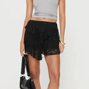 Women Y2k Lace Mini Skirt Fairy Mesh Floral Mid Low Rise Ruffle Half Slip Skirt Layered Flowy Short Skirt Streetwear
