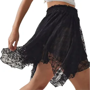 Women Y2k Lace Mini Skirt Fairy Mesh Floral Mid Low Rise Ruffle Half Slip Skirt Layered Flowy Short Skirt Streetwear