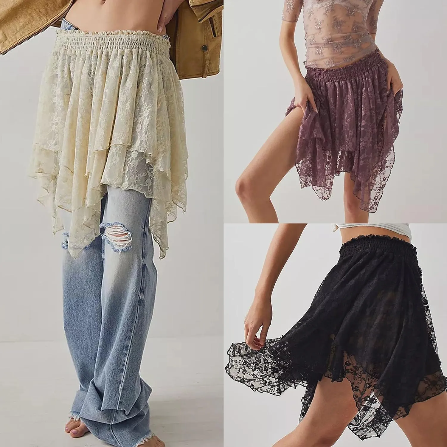 Women Y2k Lace Mini Skirt Fairy Mesh Floral Mid Low Rise Ruffle Half Slip Skirt Layered Flowy Short Skirt Streetwear
