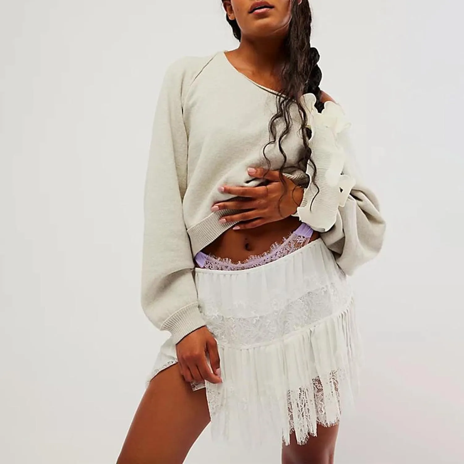 Women Y2k Lace Mini Skirt Fairy Mesh Floral Mid Low Rise Ruffle Half Slip Skirt Layered Flowy Short Skirt Streetwear