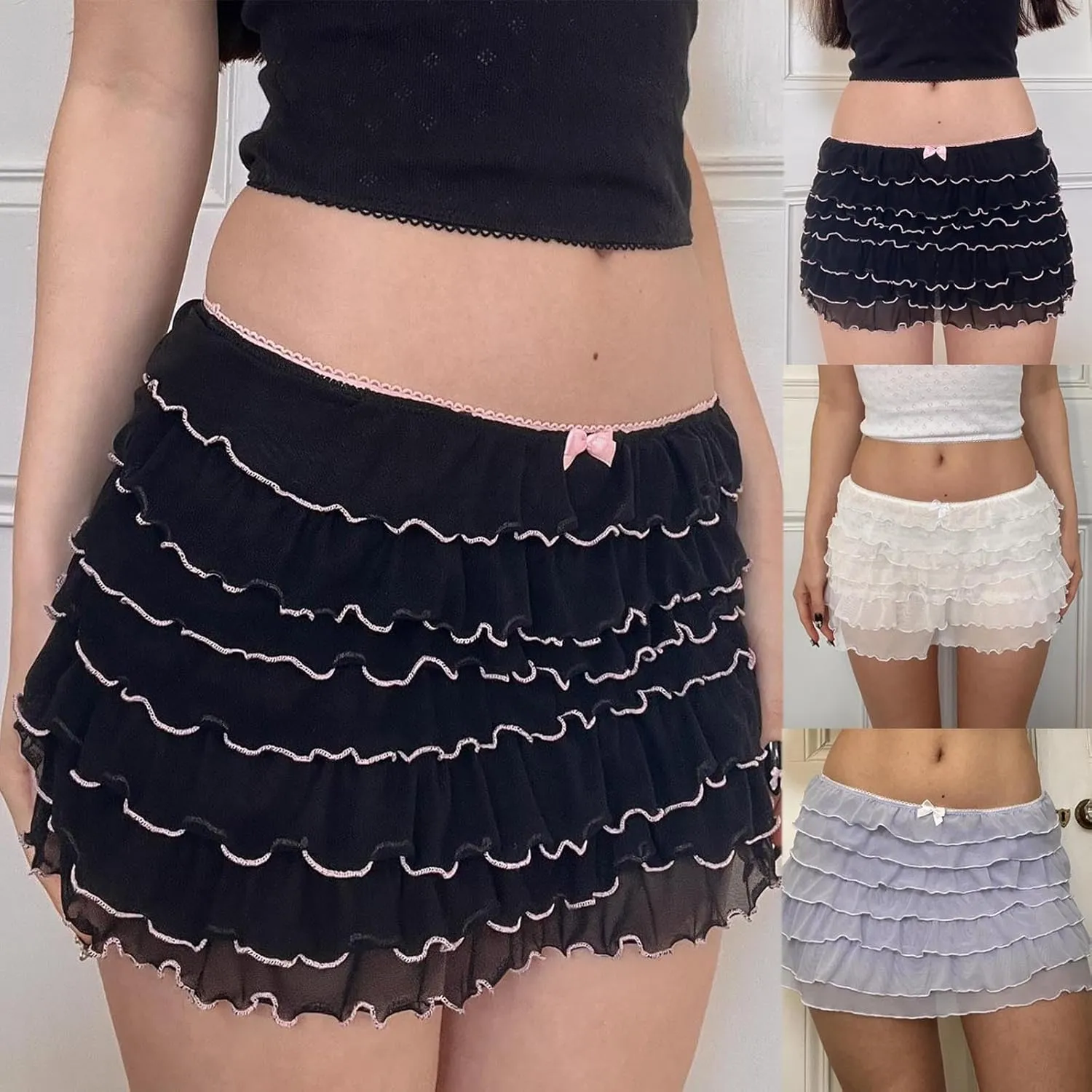 Women Y2K Lace Mini Skirt Half Slip Skirt Ruffle Low Rise Layered Pleated Flowy Underskirt Lingerie Short Skirts