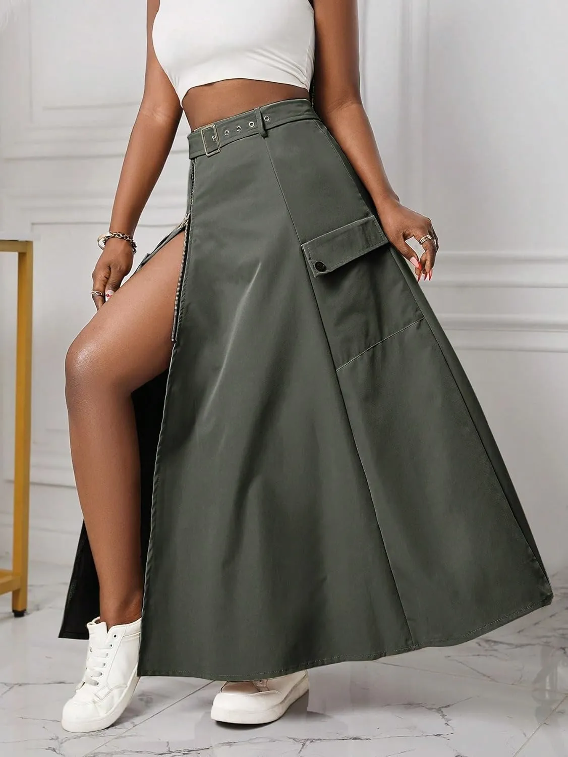 Women's 2025 Casual Maxi Long Skirts Solid Color High Slit A-Line Skirt