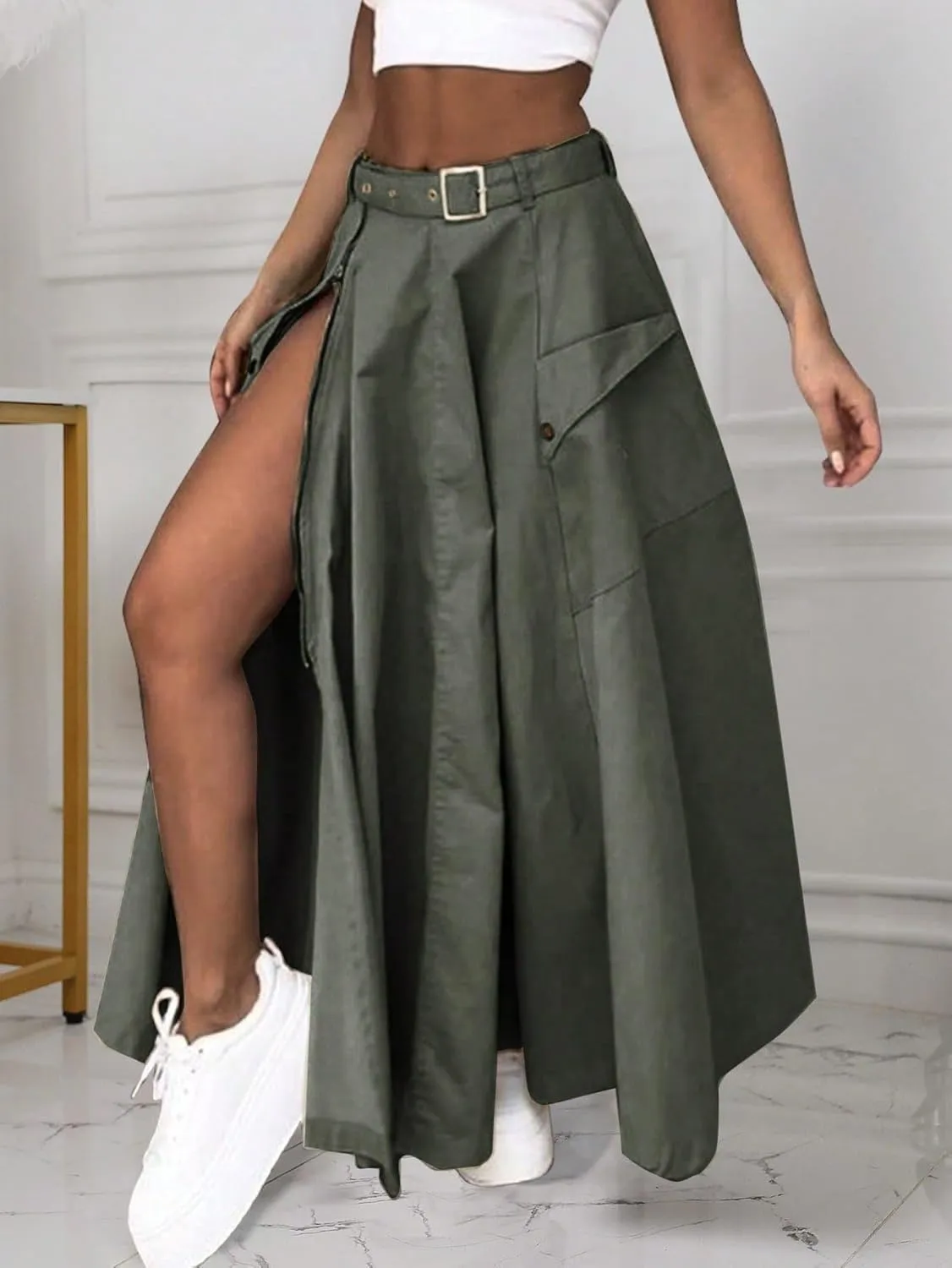 Women's 2025 Casual Maxi Long Skirts Solid Color High Slit A-Line Skirt